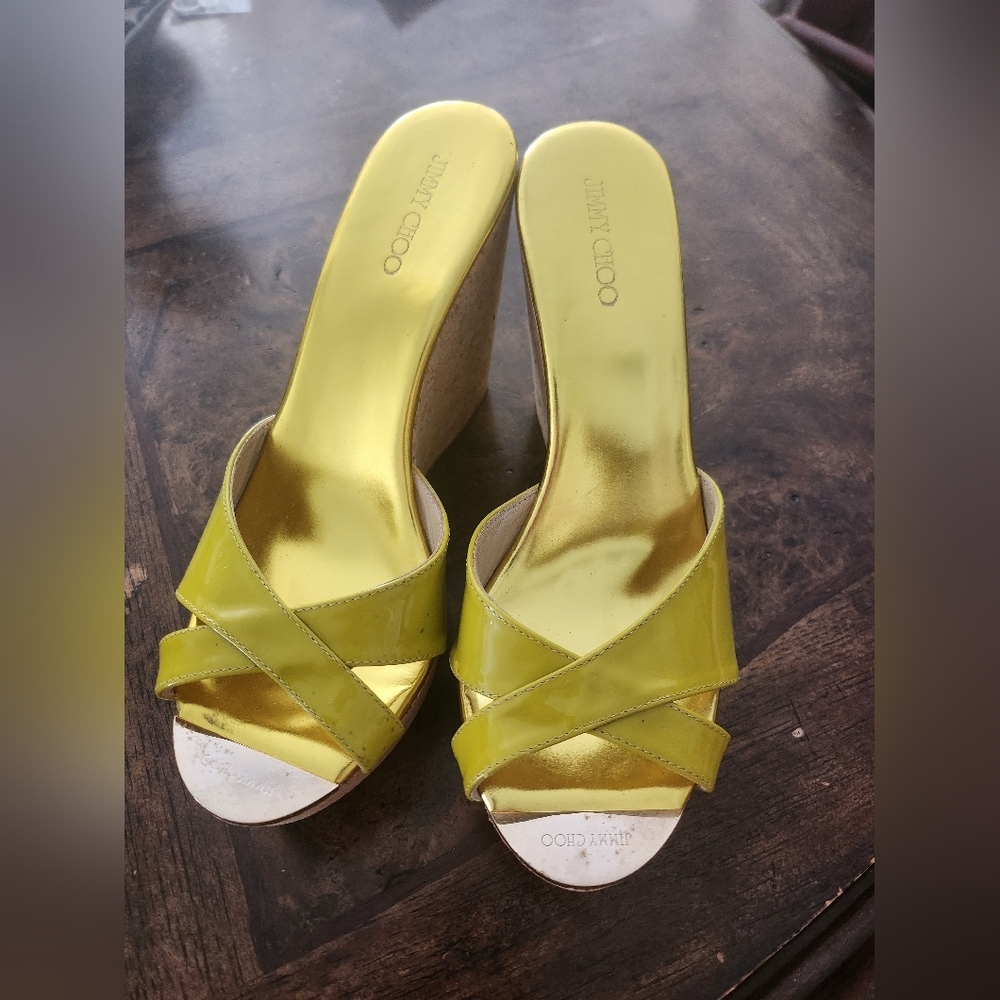 Jimmy Choo Mustard Yellow Patent Leather Pandora Cork Wedge Platform Sandals 40